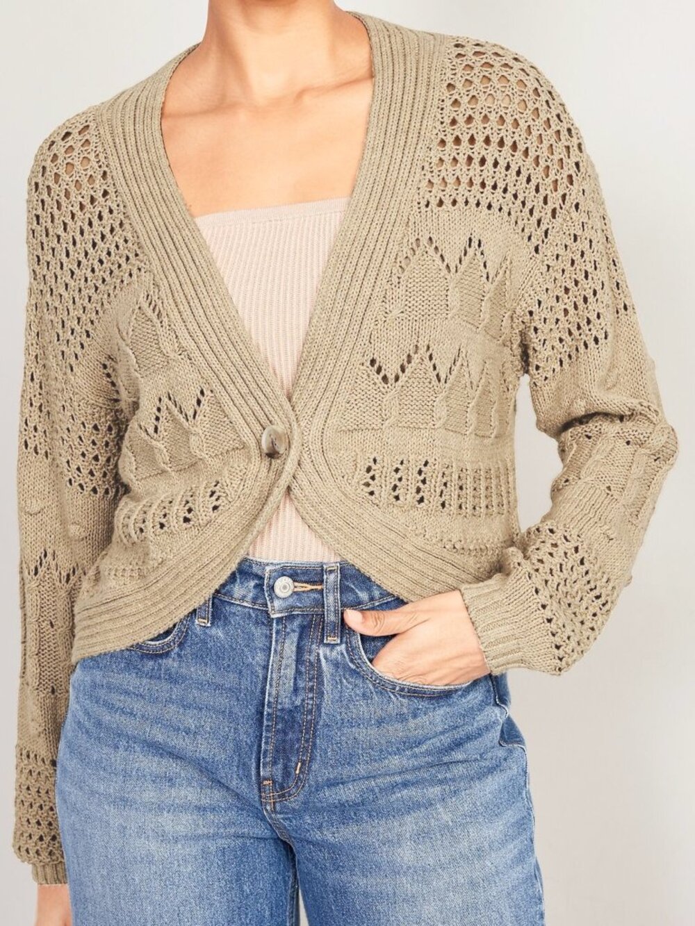 Old Navy Open Stitch Knit Cropped Cardigan Sweater Relaxed Oatmeal Tan Size M